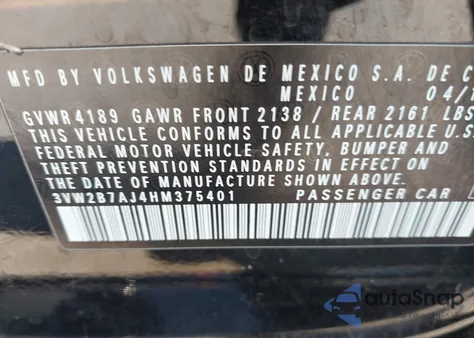 2017 Volkswagen Jetta 1.4T S from USA, damaged, VIN 3VW2B7AJ4HM375401